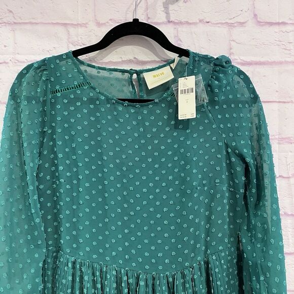 Maeve By Anthropologie Dress Size 2 Green Swiss Dot Long Sleeve Pleated New - Picture 3 of 12